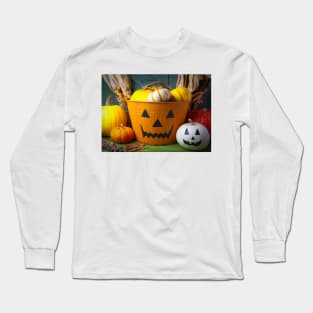 Halloween Bucket And Pumpkin Still Life Long Sleeve T-Shirt